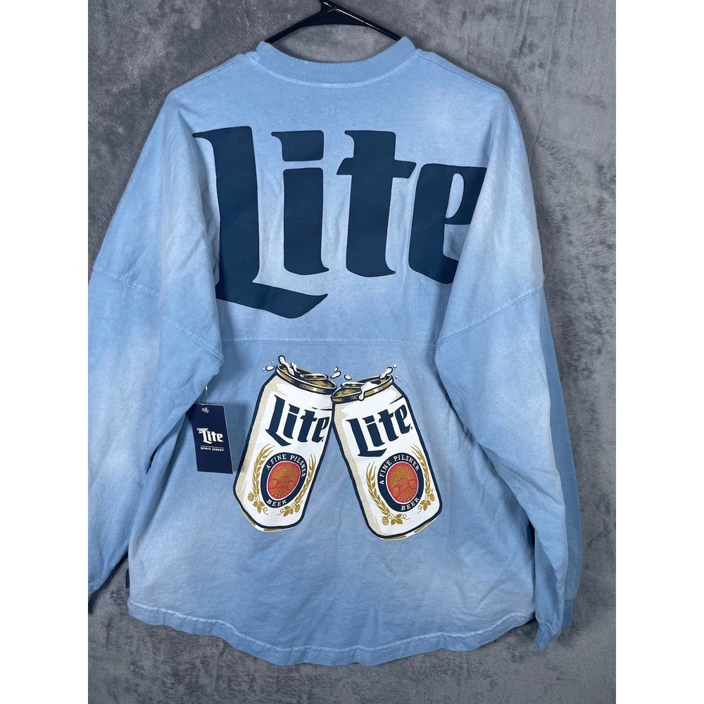 NWT Miller Lite Spirit Jersey Womens Medium Blue Acid Wash Long Sleeve Shirt